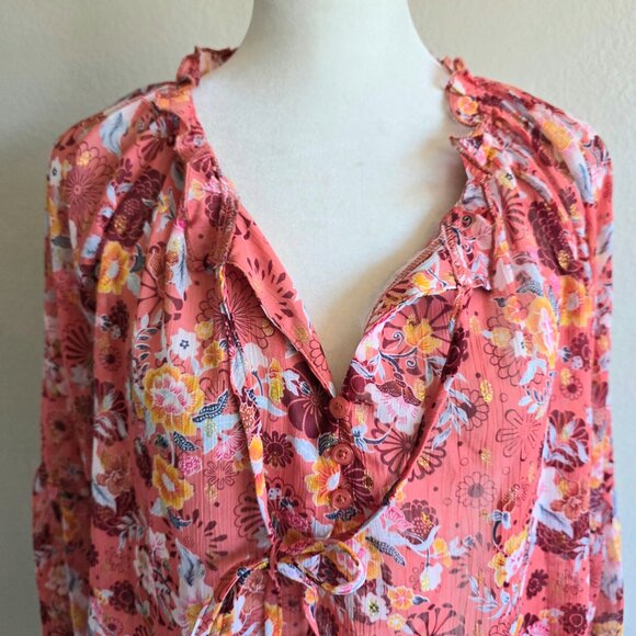 NEW Women Plus 2X Chiffon Pink Floral Relax Fit Blouse Gold Sparkle A Love Story - Picture 2 of 11